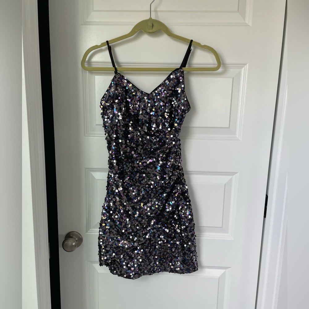 Lulus Faux Wrap Sequin Mini Dress - Black, Purple, Silver Sz: XS